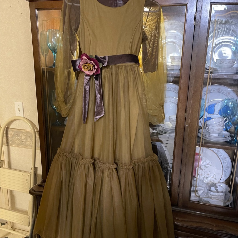 Joyfolie Olive Green Formal Kids Dress with Purple Accents